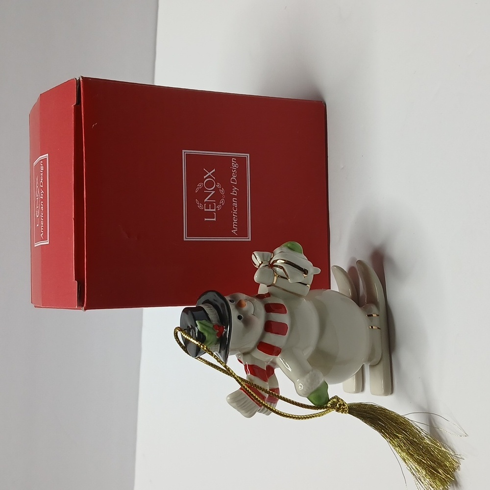 Lenox Christmas Ornament Snowman on Skis W/Present Porcelain Skiing 3 1/2”